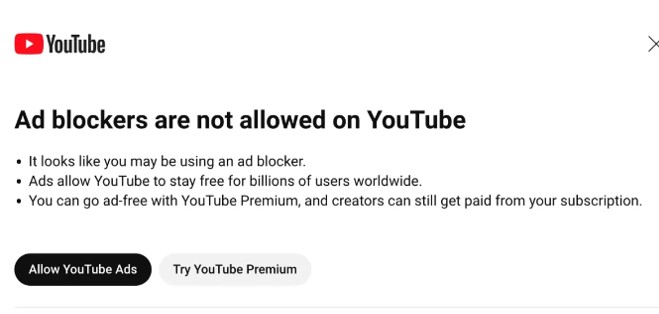 Ad blockers are not allowed on YouTube