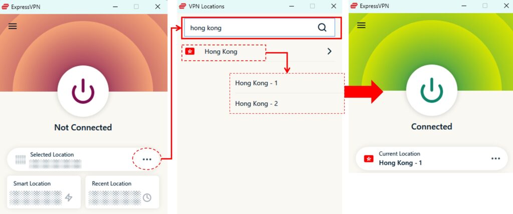 ExpressVPN connected to Hong Kong